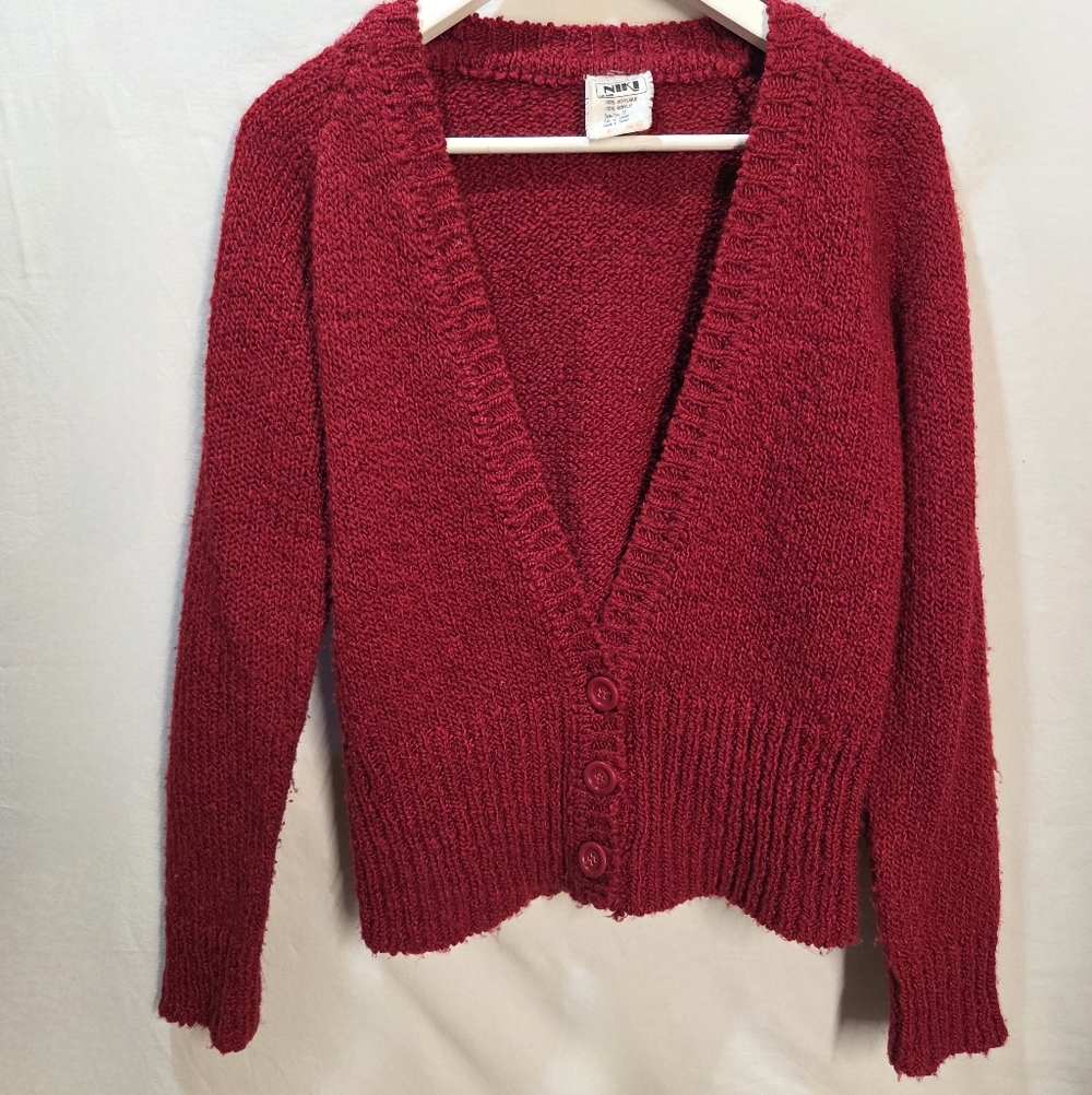 Vintage Deep Red 3 Button Knit Cardigan Size M Classic Bold Sweater